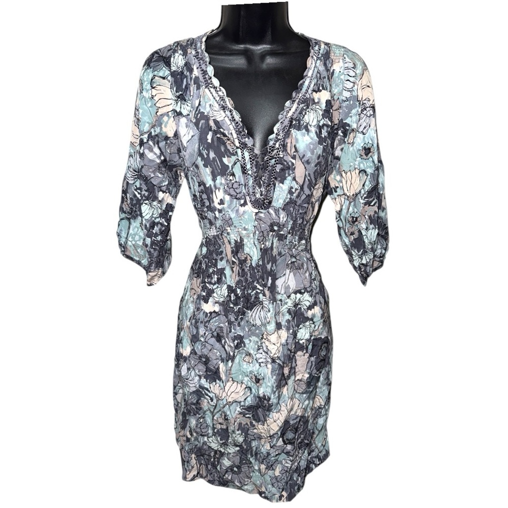 Women’s Rebecca Taylor Blue Floral V-Neck Pocket 3/4 Sleeve 100% Silk Dress - 0